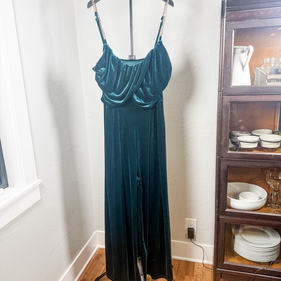 Cider Pants - Cider Emerald Green Velvet Jumpsuit with Draped Bust and Chain Straps